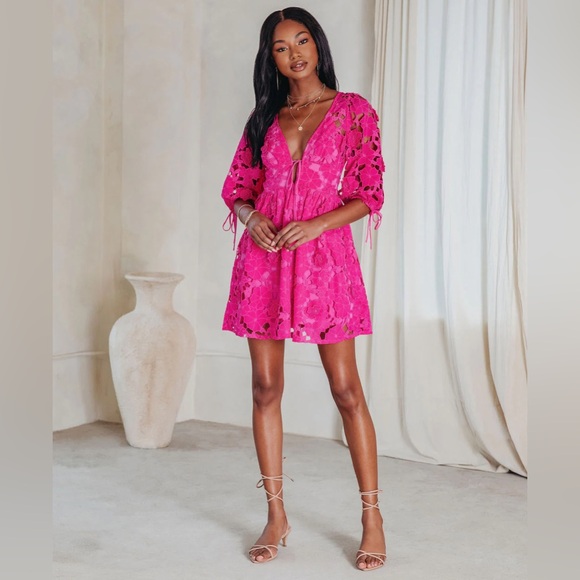 Storia Dresses & Skirts - Influencer fave Hot Pink Lace Crochet Mini Dress